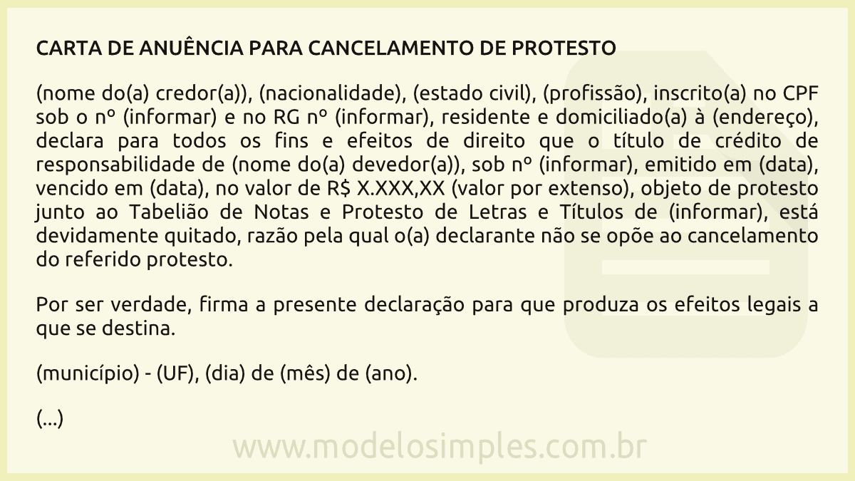 Modelo de Carta de Anuência para Cancelamento de Protesto