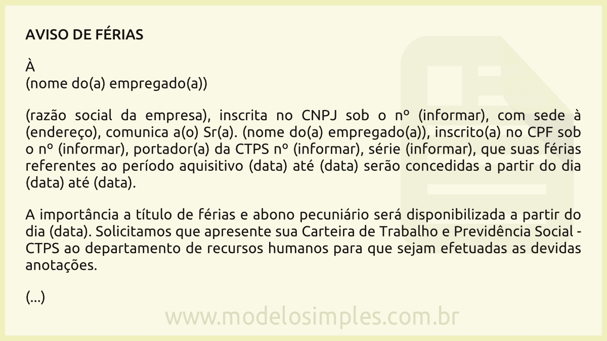 Modelo de Aviso de Férias Modelo de Aviso de Férias