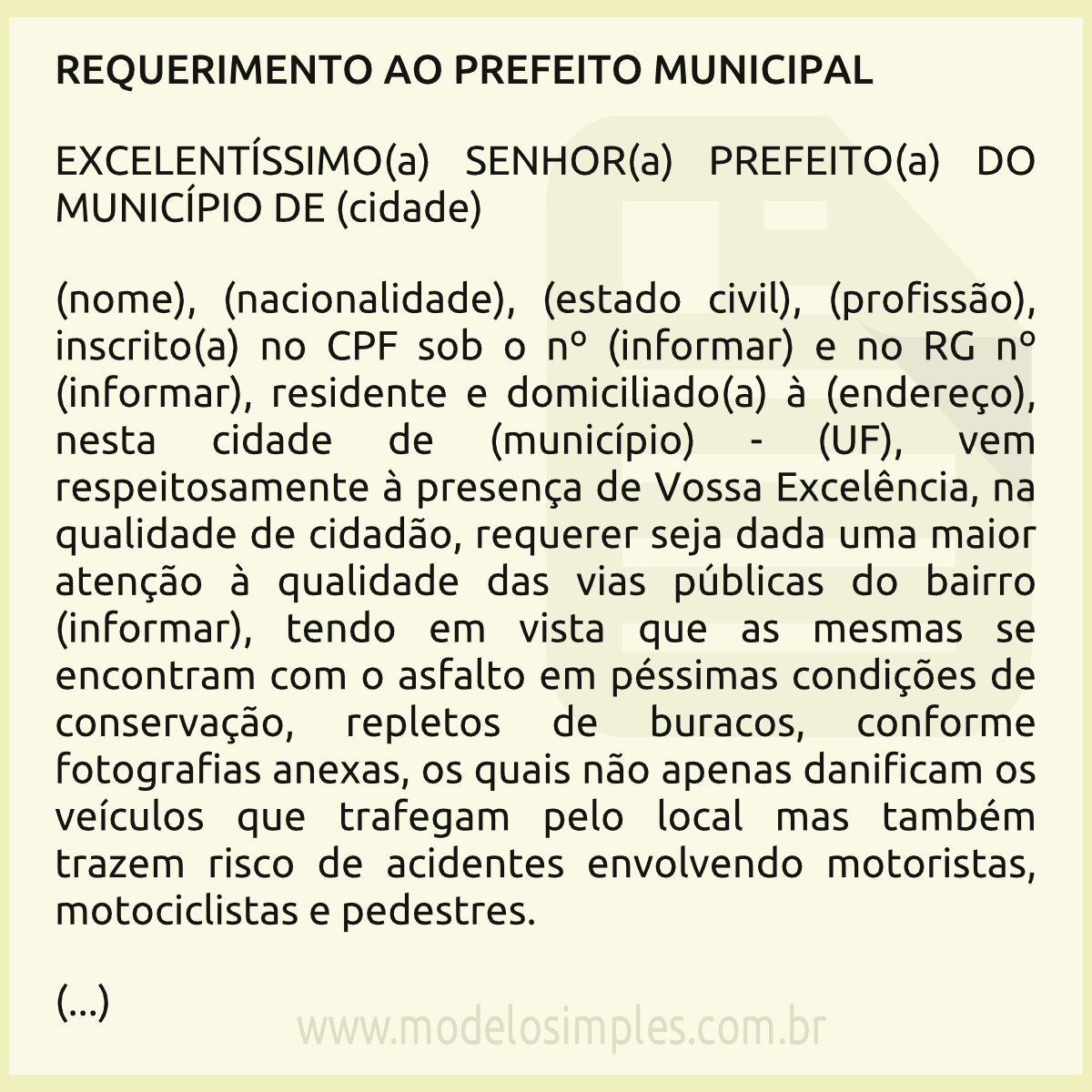 Modelo de Requerimento ao Prefeito Municipal