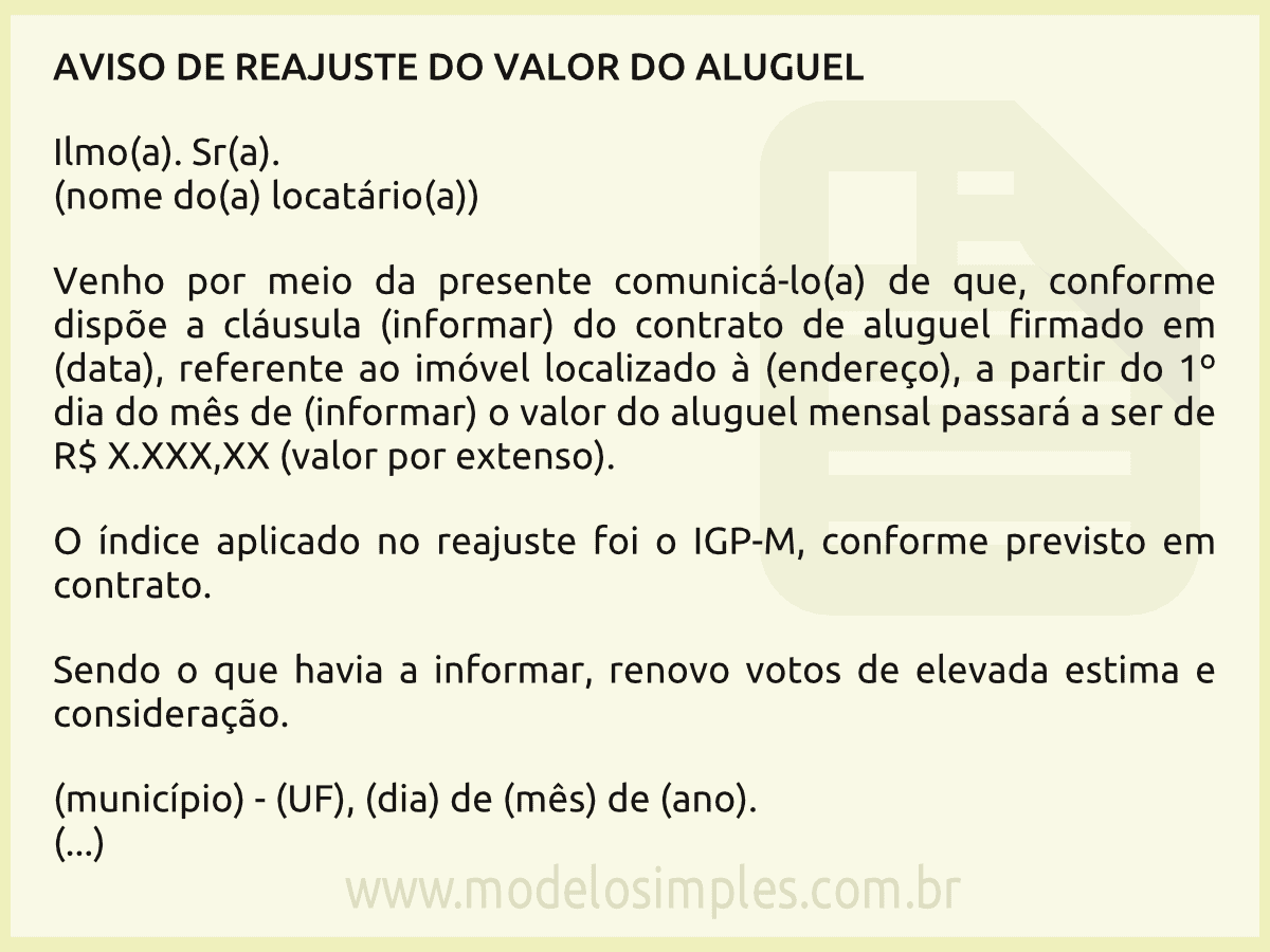 Exemplo De Comunicado De Reajuste De Preços