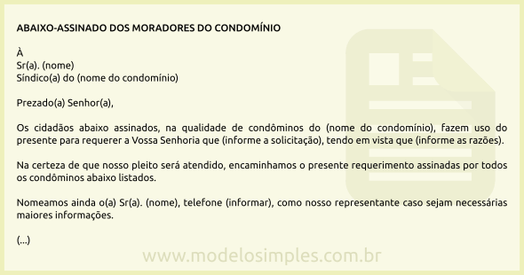 Modelo de Abaixo-Assinado dos Moradores do Condomínio