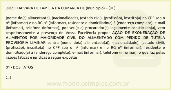 Modelo de Ação de Exoneração de Alimentos por Maioridade Civil