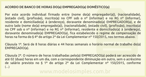 Modelo de Acordo de Banco de Horas da Empregada Doméstica