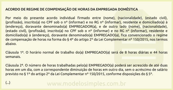 Modelo de Acordo de Compensação de Horas da Empregada Doméstica