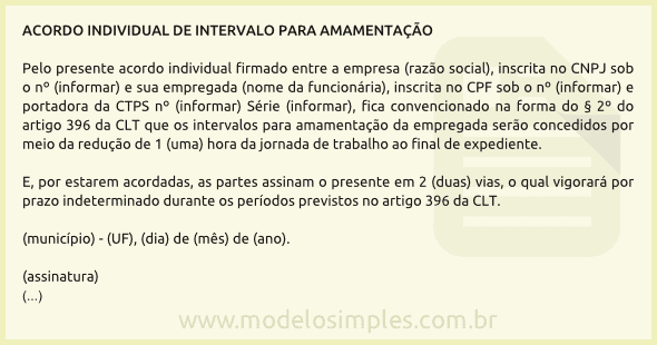 Modelo de Acordo de Intervalo para Amamentação