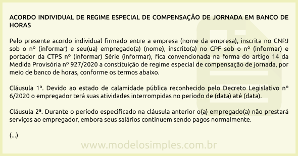 Modelo de Acordo de Regime Especial de Compensação de Jornada em Banco de Horas