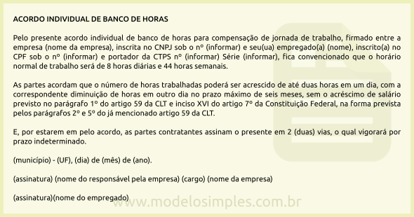 Modelo de Acordo Individual de Banco de Horas