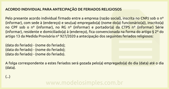 Modelo de Acordo Individual para Antecipação de Feriados Religiosos