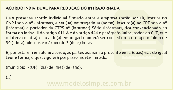 Modelo de Acordo Individual para Intervalo Intrajornada de Trinta Minutos