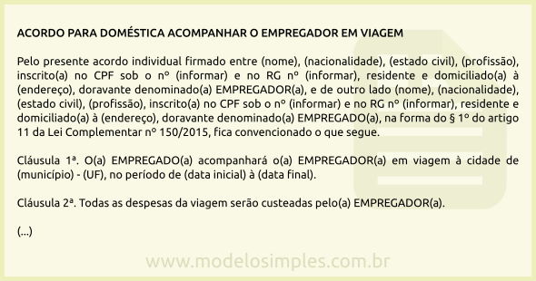 Modelo de Acordo para Doméstica Acompanhar o Empregador em Viagem