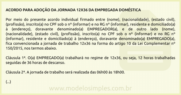 Modelo de Acordo para Jornada 12x36 da Empregada Doméstica