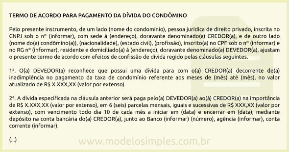 Modelo de Acordo para Pagamento da Dívida do Condômino