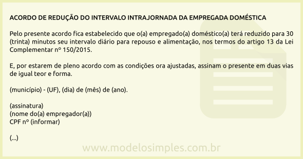 Modelo de Acordo para Redução do Intervalo Intrajornada da Empregada Doméstica