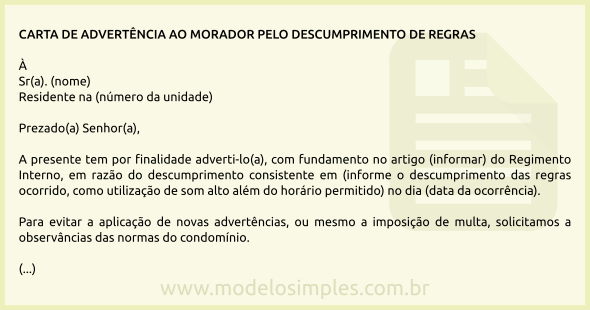 Modelo de Advertência ao Morador do Condomínio pelo Descumprimento de Regras