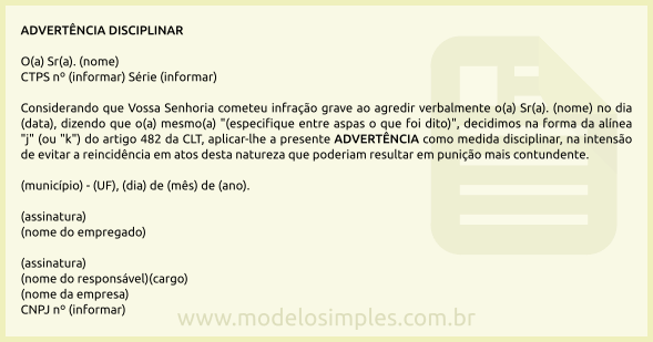 Modelo de Advertência Disciplinar por Agressão Verbal