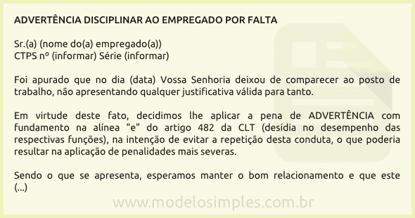 Modelo de Advertência Disciplinar por Falta ao Trabalho