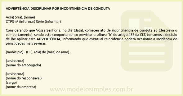 Modelo de Advertência Disciplinar por Incontinência de Conduta