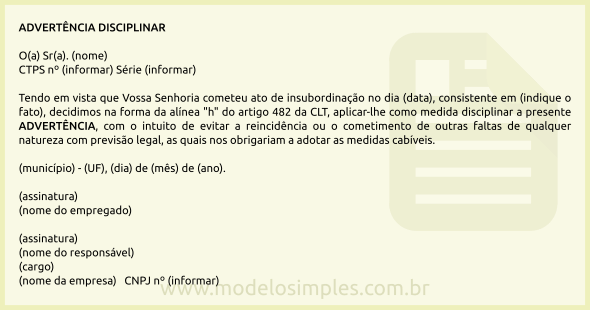 Modelo de Advertência Disciplinar por Insubordinação