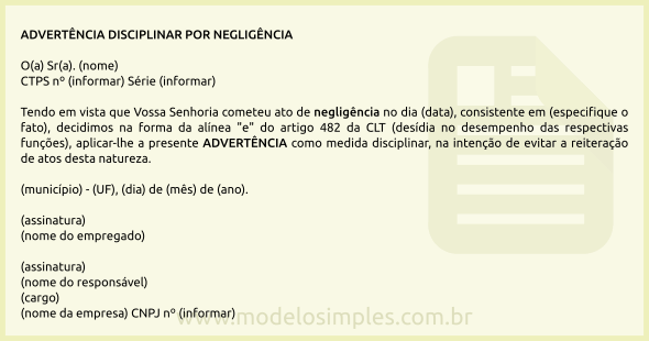 Modelo de Advertência Disciplinar por Negligência