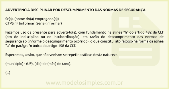 Modelo de Advertência por Descumprimento de Normas de Segurança