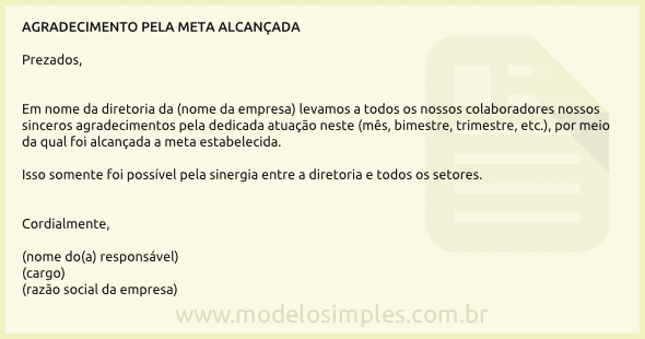 Modelo de Agradecimento aos Colaboradores pela Meta Alcançada