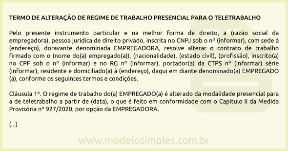 Modelo de Alteração de Regime de Trabalho Presencial para o Teletrabalho