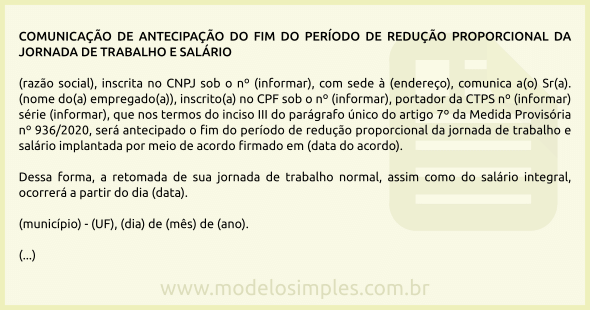 Modelo de Antecipação do Fim da Redução da Jornada de Trabalho e Salário