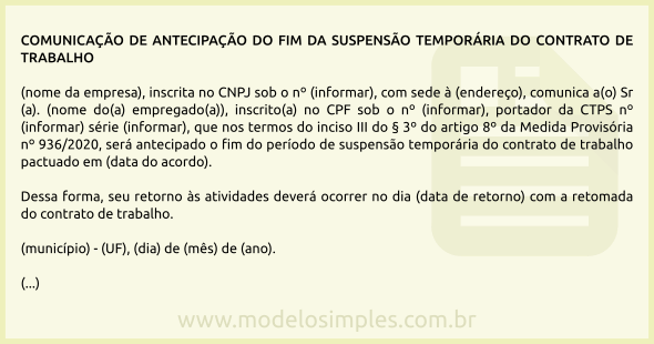 Modelo de Antecipação do Fim da Suspensão Temporária do Contrato de Trabalho