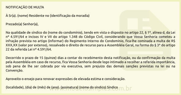 Modelo de Aplicação de Multa ao Condômino