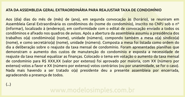 Modelo de Ata de Assembleia para Reajustar a Taxa de Condomínio