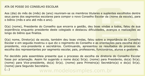 Modelo de Ata de Eleição e Posse do Conselho Escolar