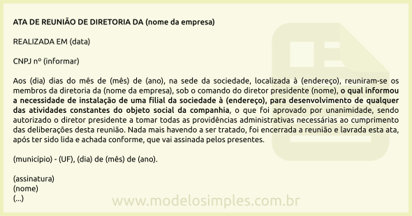 Modelo de Ata de Reunião da Diretoria para Criação de Filial da Empresa