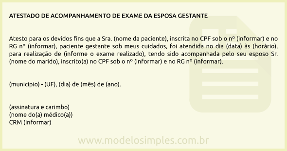 Modelo de Atestado de Acompanhamento de Exame da Esposa Gestante