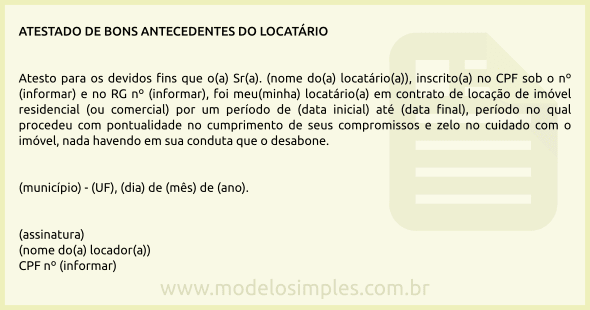 Modelo de Atestado de Bons Antecedentes do Locatário