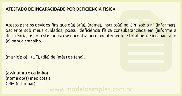 Modelo de Atestado de Incapacidade por Deficiência Física