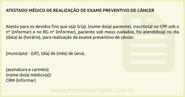 Modelo de Atestado de Realização de Exame Preventivo de Câncer