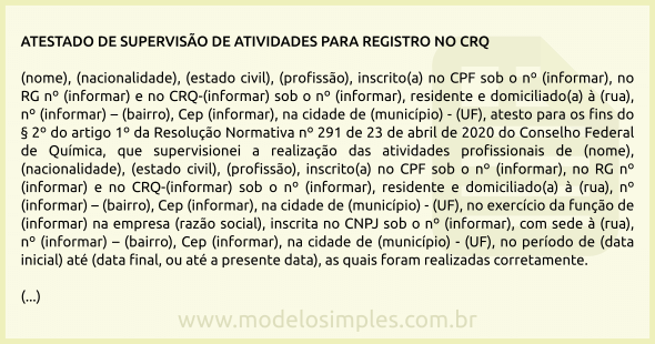 Modelo de Atestado de Supervisão de Atividades para Registro no CRQ