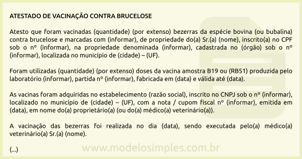 Modelo de Atestado de Vacinação contra Brucelose