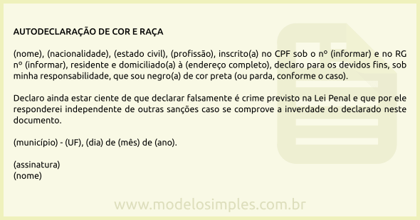 Modelo de Autodeclaração de Cor e Raça do Candidato