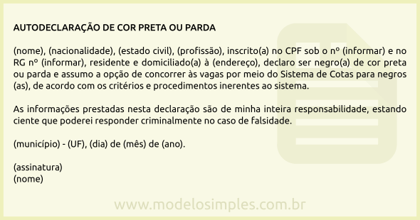 Modelo de Autodeclaração de Cor Preta ou Parda