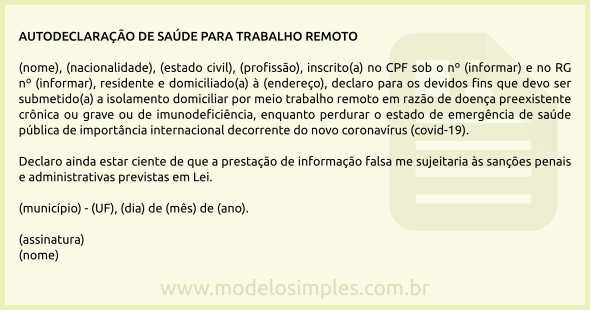 Modelo de Autodeclaração de Saúde para Trabalho Remoto