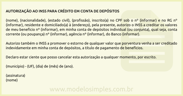 Modelo de Autorização ao INSS para crédito em conta de depósitos