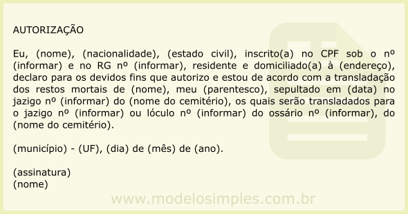 Modelo de Autorização de Parentes para Transladação de Restos Mortais