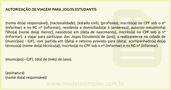 Modelo de Autorização de Viagem para Jogos Estudantis