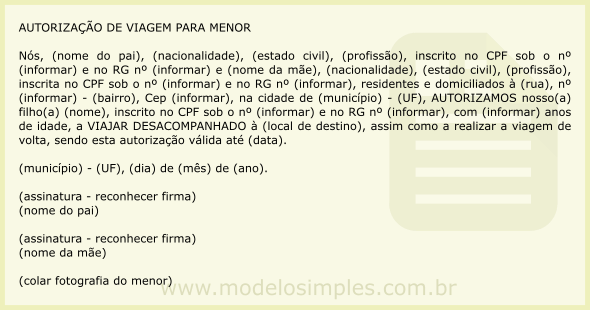 Modelo de Autorização de Viagem para Menor Desacompanhado