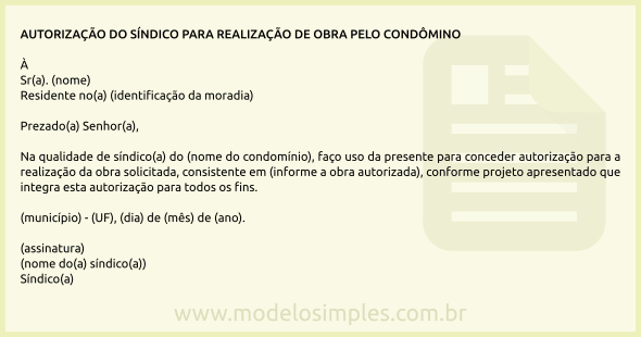 Modelo de Autorização do Síndico para Realização de Obra pelo Condômino