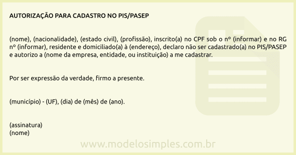 Modelo de Autorização para Cadastro no PIS/PASEP