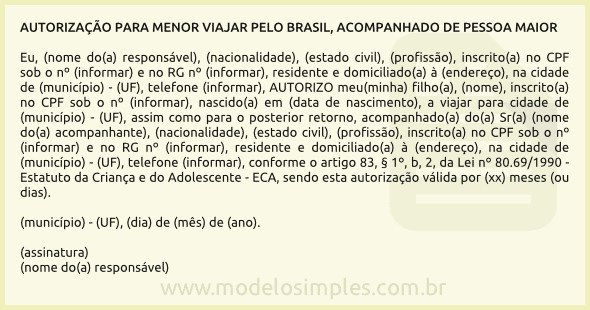 Modelo de Autorização para Criança Viajar pelo Brasil