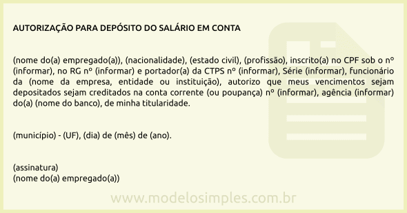 Modelo de Autorização para Depósito do Salário em Conta