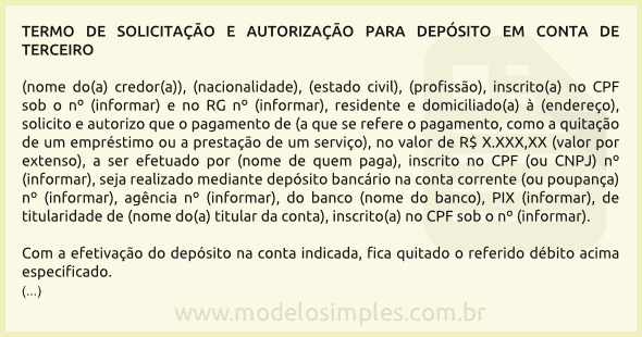 Modelo de Autorização para Depósito em Conta de Terceiro